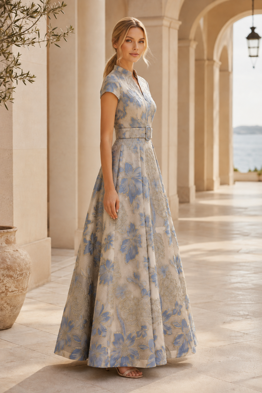 Geblümtes Jacquard A-Linien-Kleid mit Gürtel