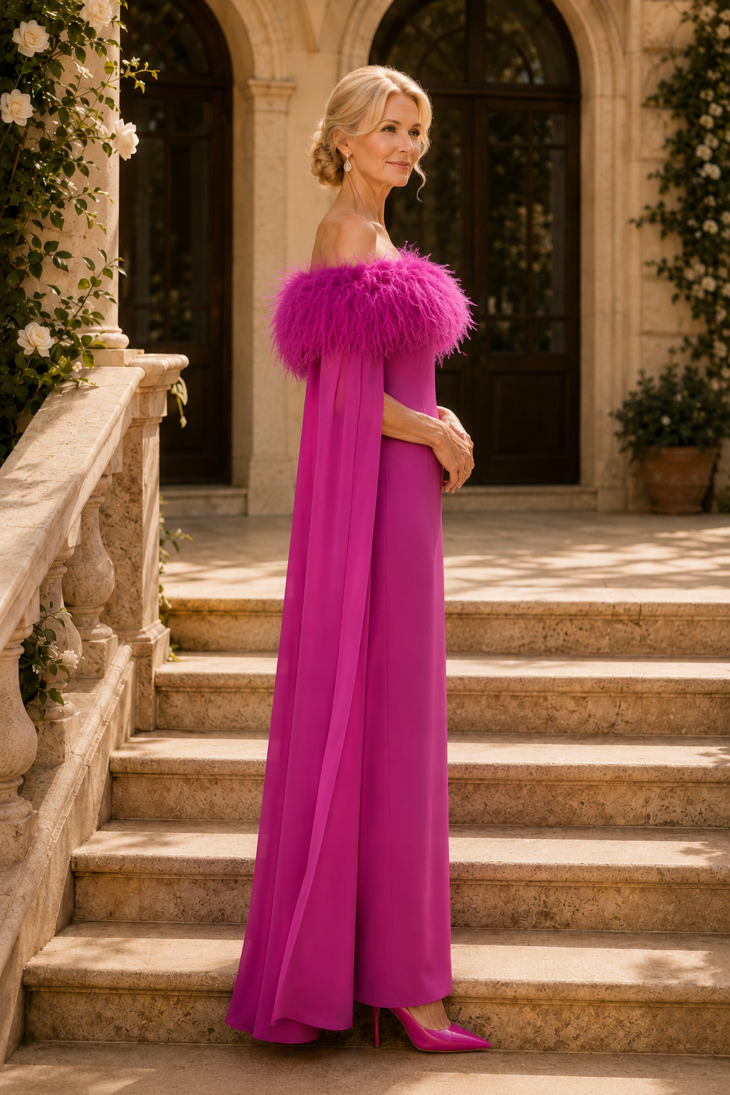 Feder-Off-Shoulder-Säulenkleid mit Umhang
