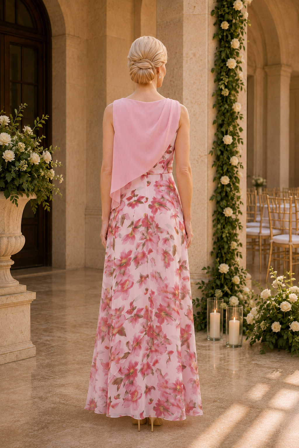 Geblümtes Chiffon A-Linien-Kleid mit drapiertem Oberteil