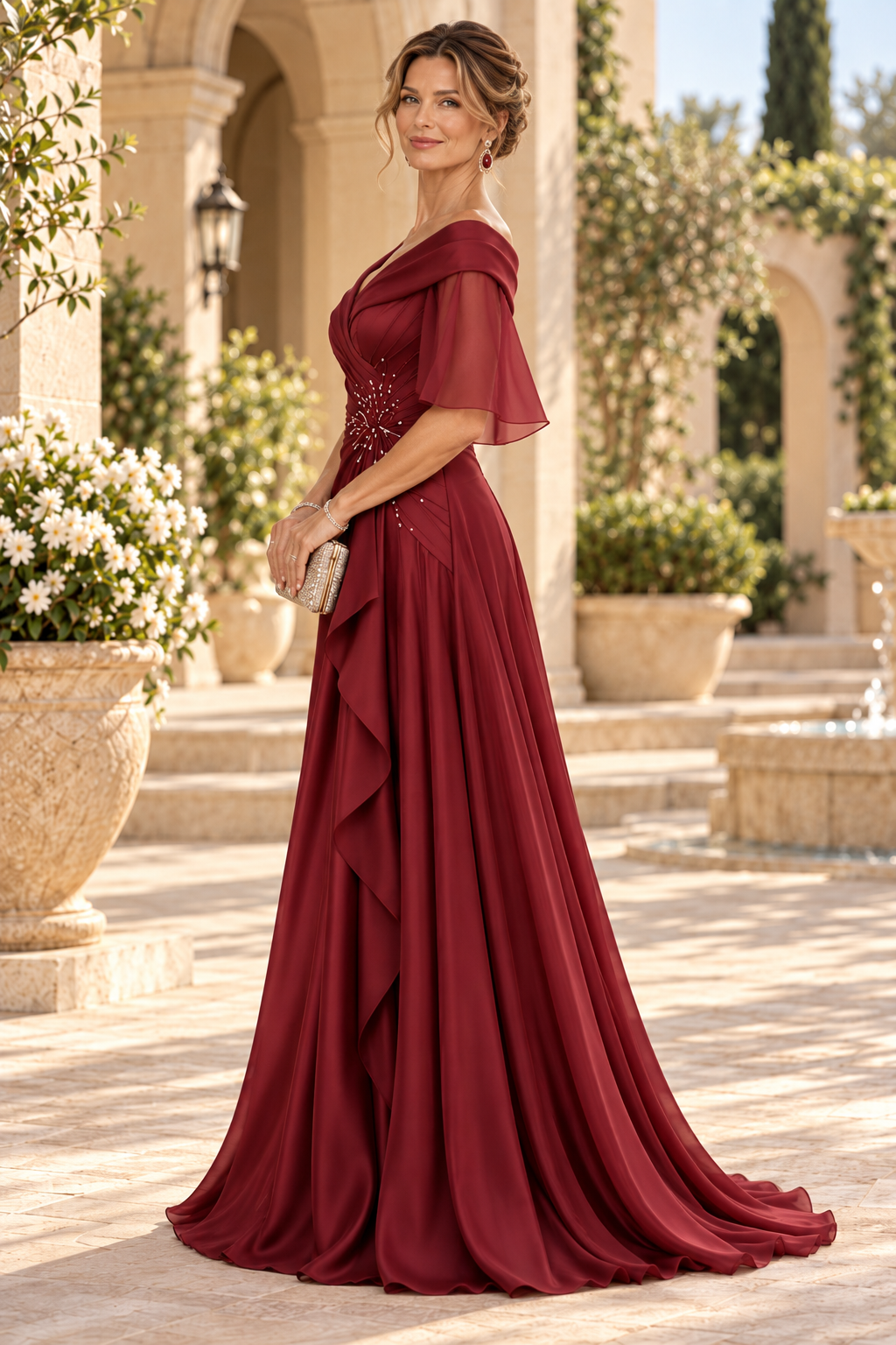 Off-Shoulder Ruched Gown with Flutter Sleeves