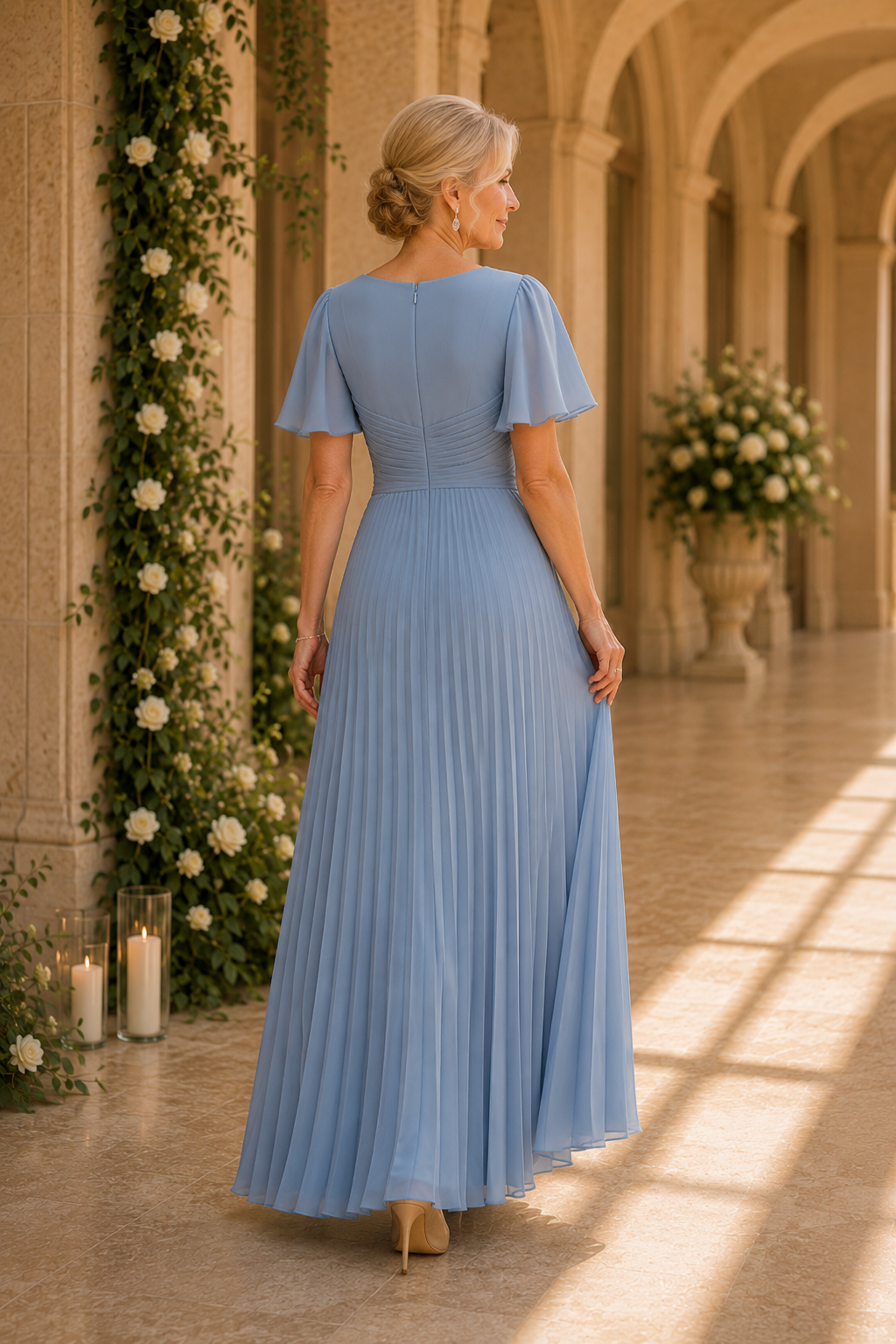 Plissiertes Chiffon-A-Linien-Kleid mit Flatterärmeln
