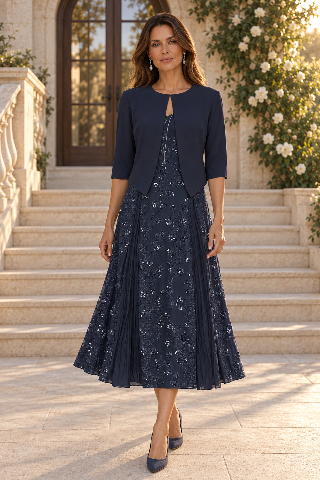 Sequined Tea-Length Dress and Cropped Jacket Set