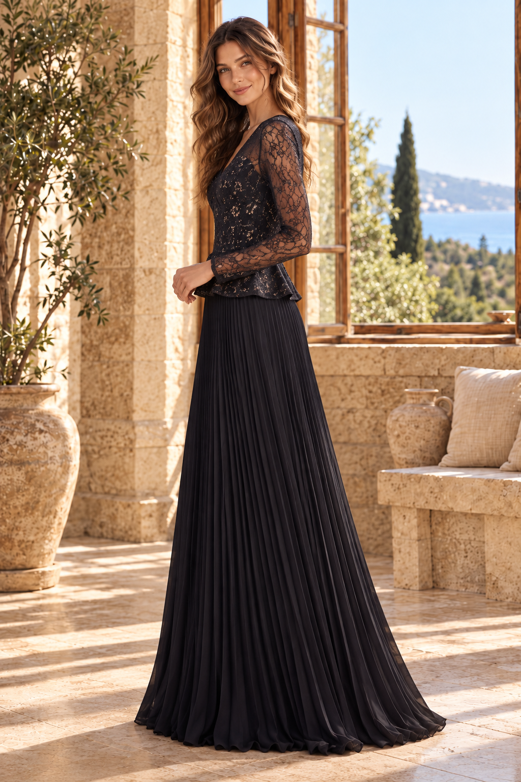 Lace Peplum Bodice Pleated Gown