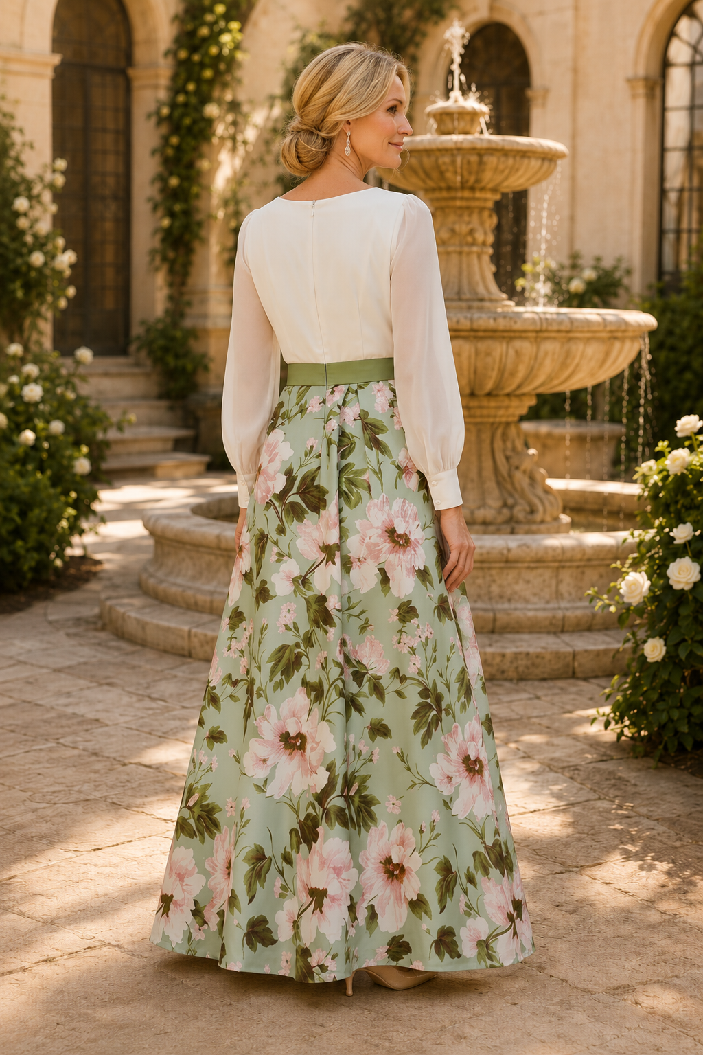 Geblümtes A-Linien-Maxikleid mit langen Ärmeln