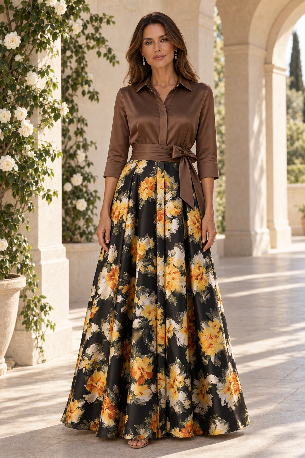 Collared Floral Satin A-Line Evening Gown