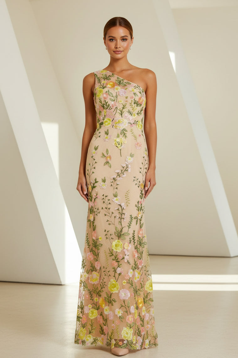 Besticktes florales One-Shoulder-Abendkleid
