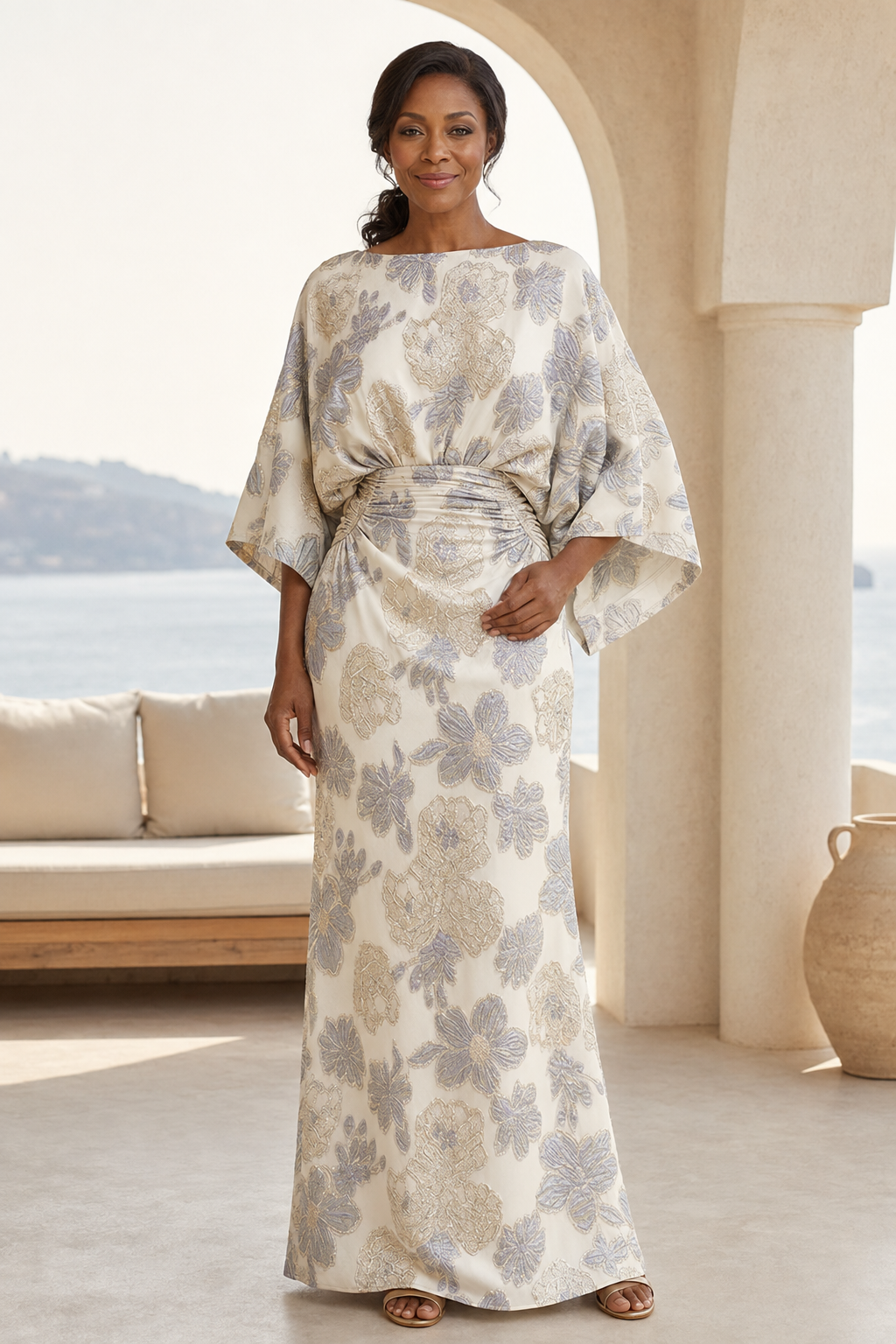 Florales Jacquard-Kleid mit Glockenärmeln