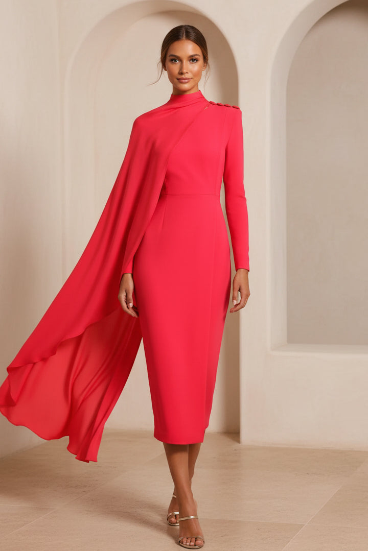 Hochgeschlossenes Midikleid mit asymmetrischem Cape