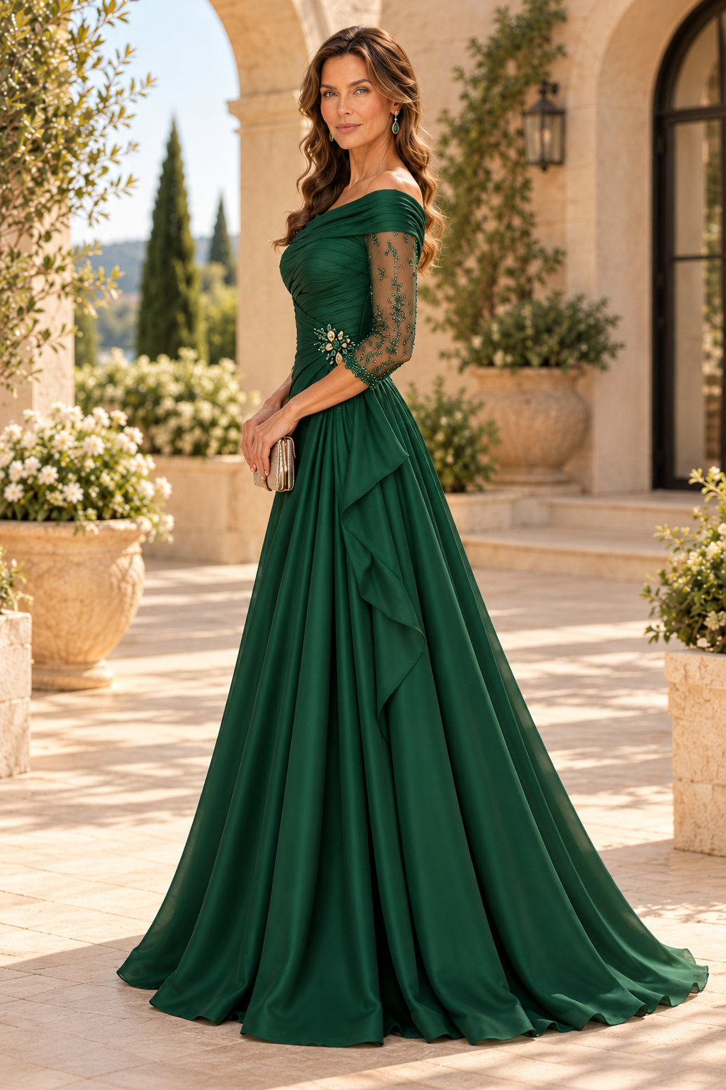 Off-the-Shoulder Ruched A-Line Gown