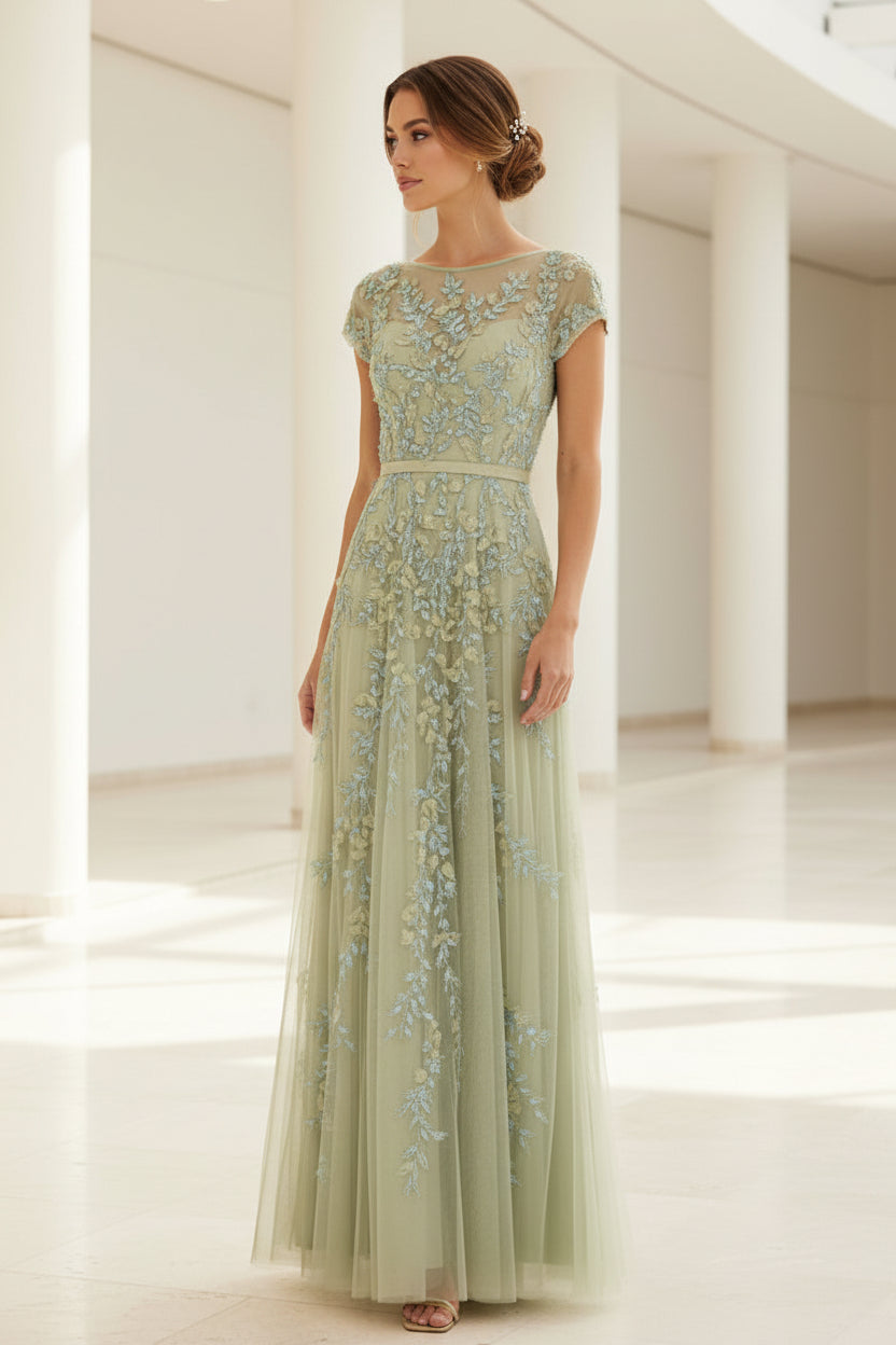 A-Linien-Kleid mit Cap-Ärmeln und 3D-Blumenapplikationen