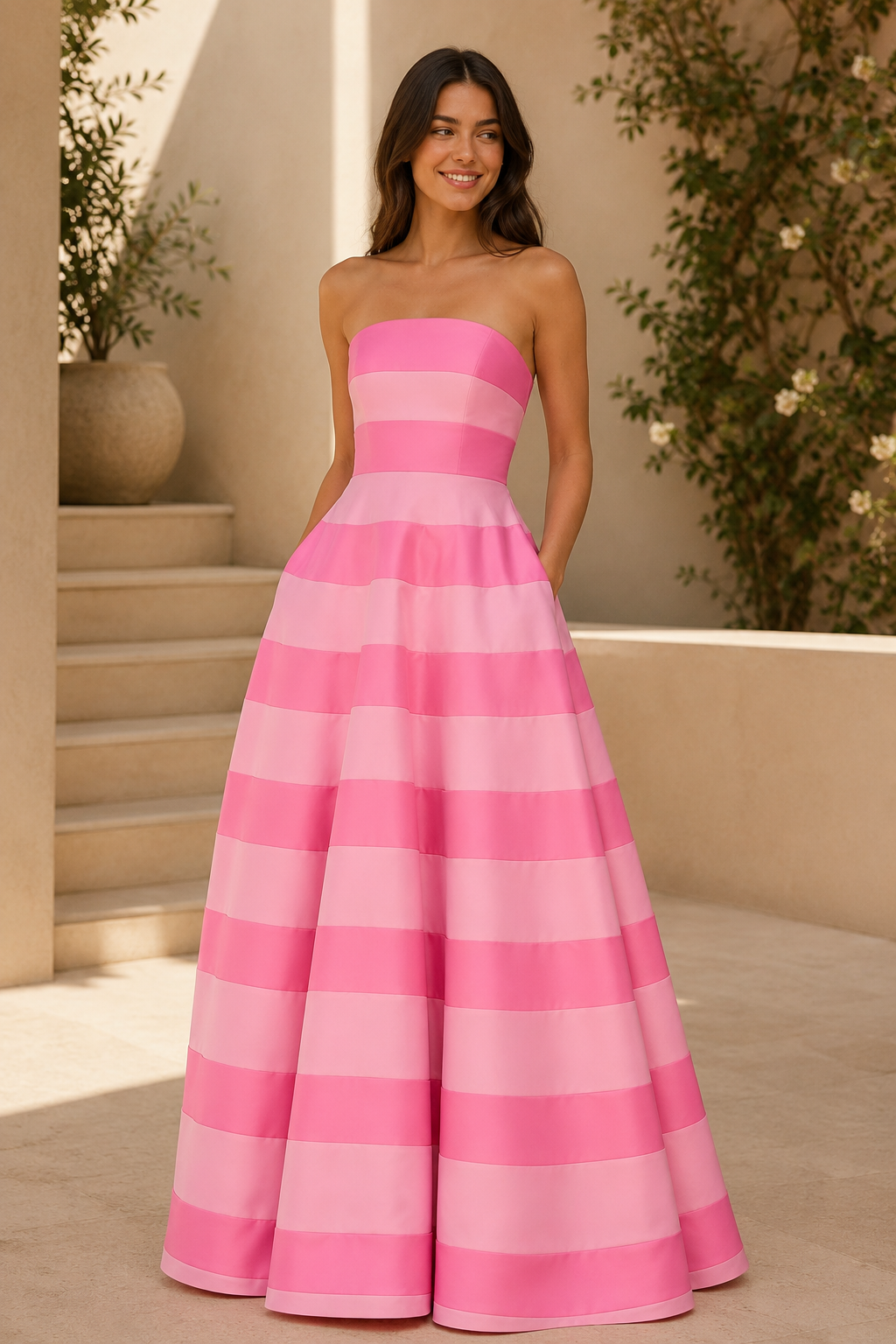 Trägerloses A-Linien-Ballkleid aus gestreiftem Satin