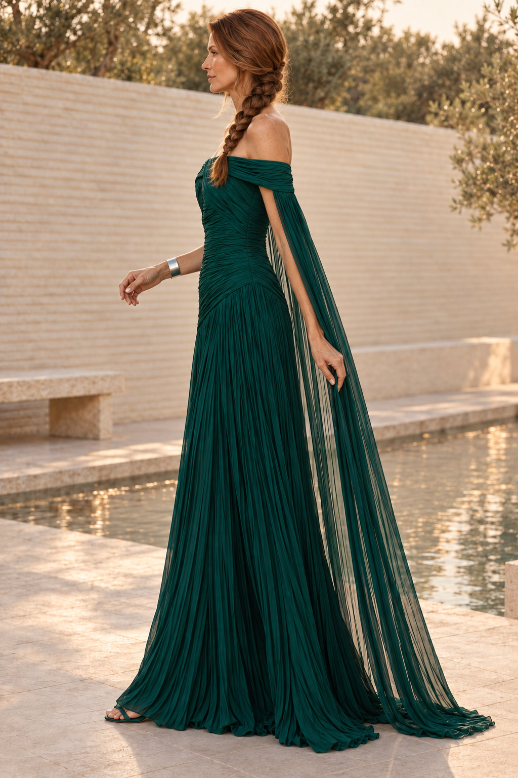 Off-the-Shoulder Pleated Gown with Cape Sleeves