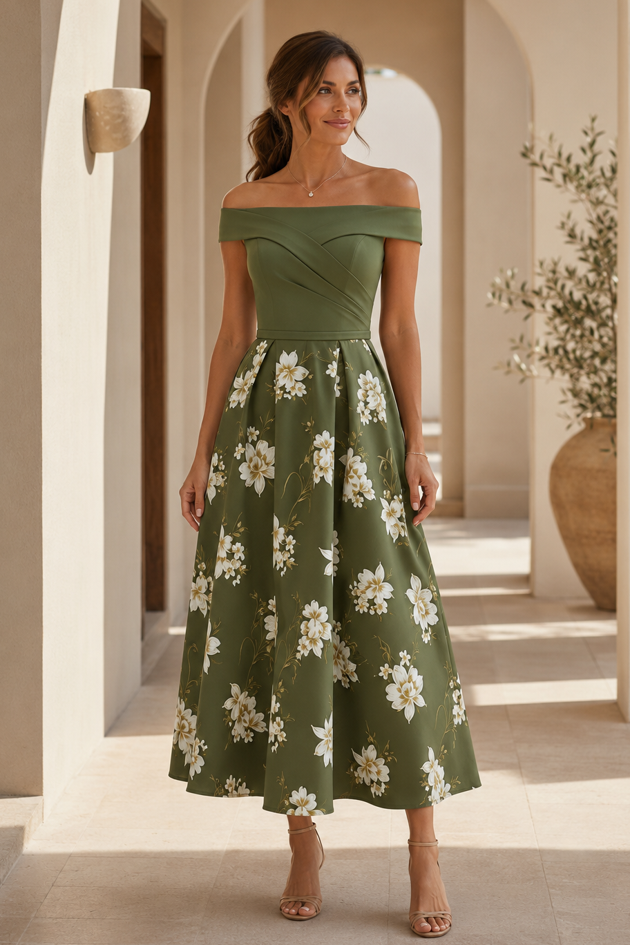 Carmenkleid mit Blumenmuster in A-Linie und Midilänge