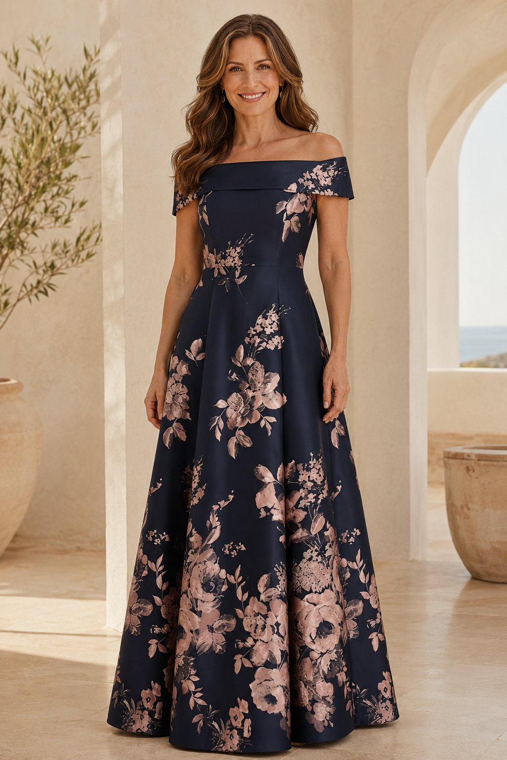 Schulterfreies, geblümtes A-Linien-Abendkleid