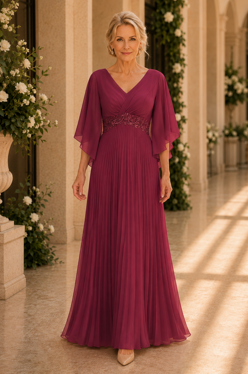 Plissiertes Chiffon-A-Linien-Kleid mit Flatterärmeln