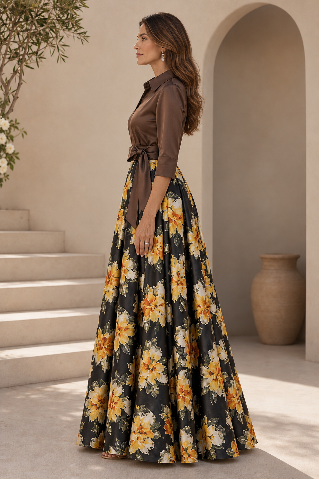 Collared Floral Satin A-Line Evening Gown