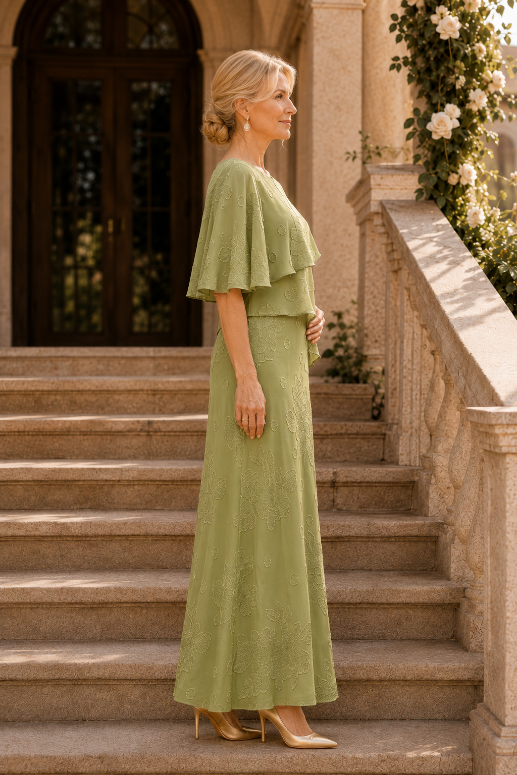 Geblümtes strukturiertes, gestuftes Capelet Maxikleid
