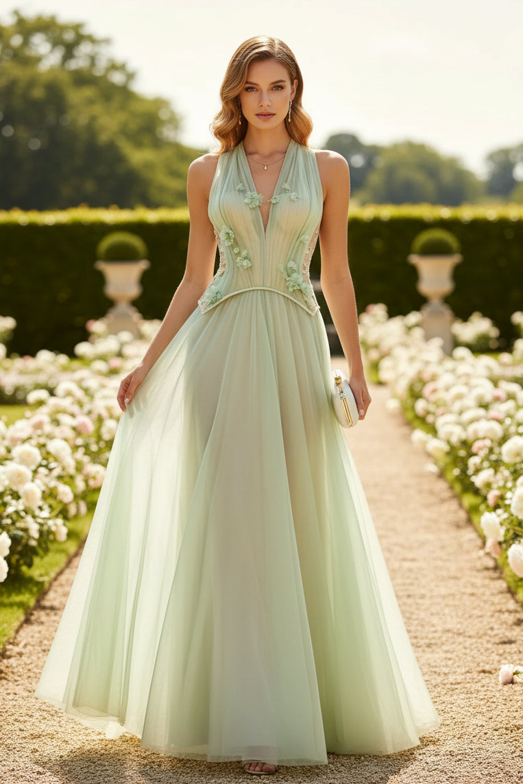 Romantisches 3D-Blumen A-Linien Tüll-Abendkleid