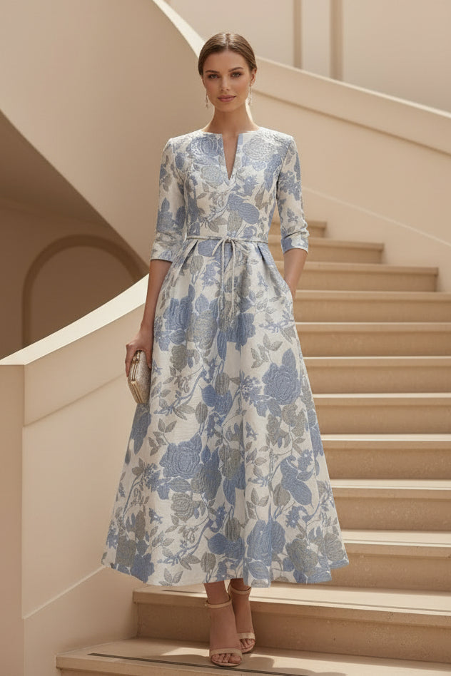 Geblümtes Jacquard A-Linien Midikleid mit Taschen