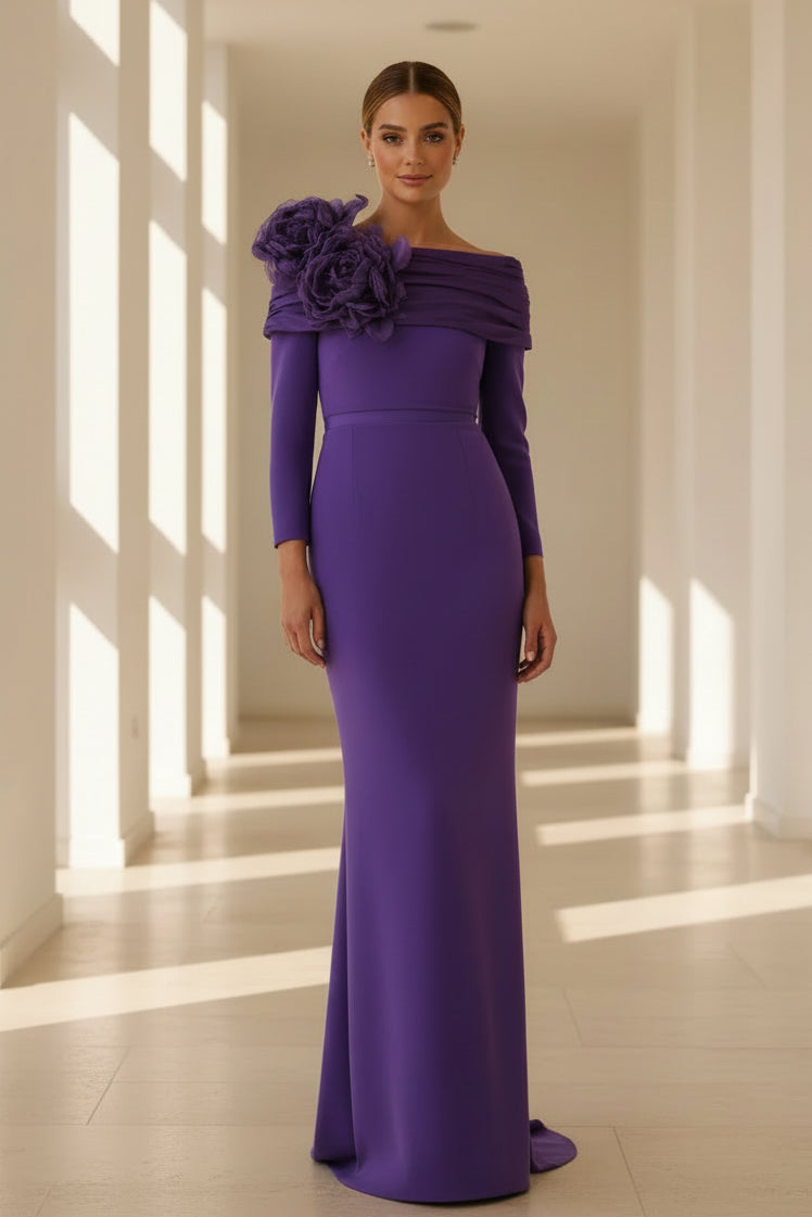 Schulterfreies Langarmkleid mit 3D-Blumen