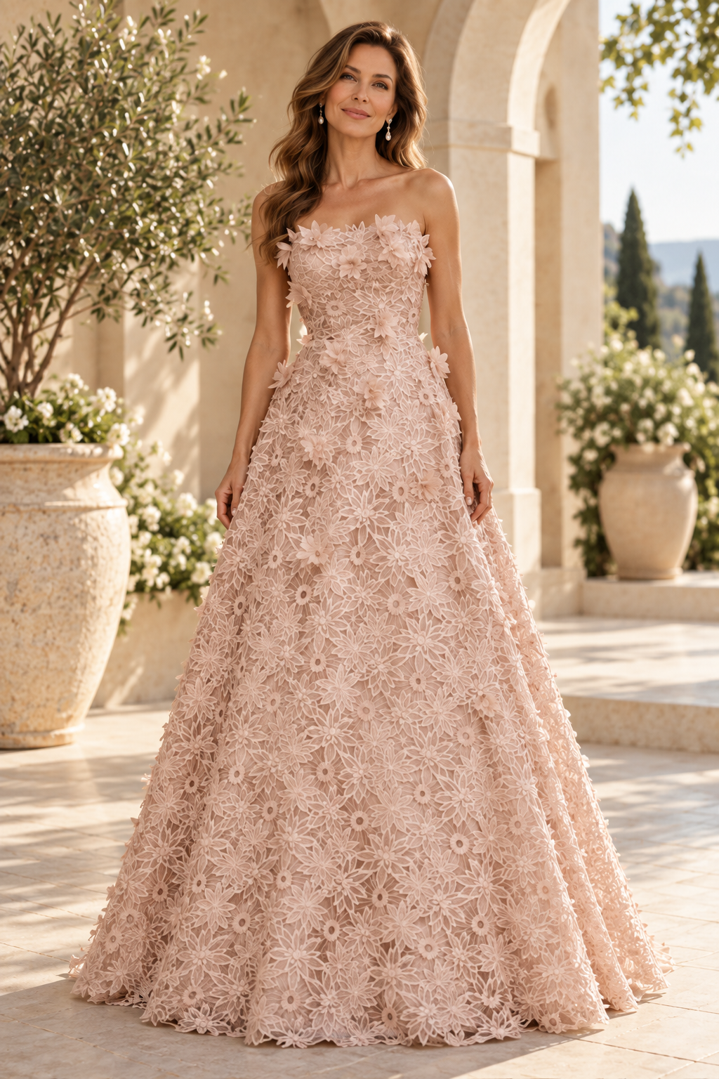 Strapless 3D Floral Lace A-Line Ball Gown