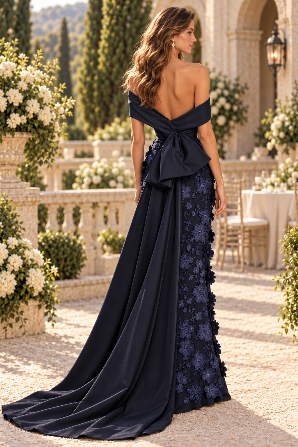 Off-Shoulder Floral Applique Gown with Train