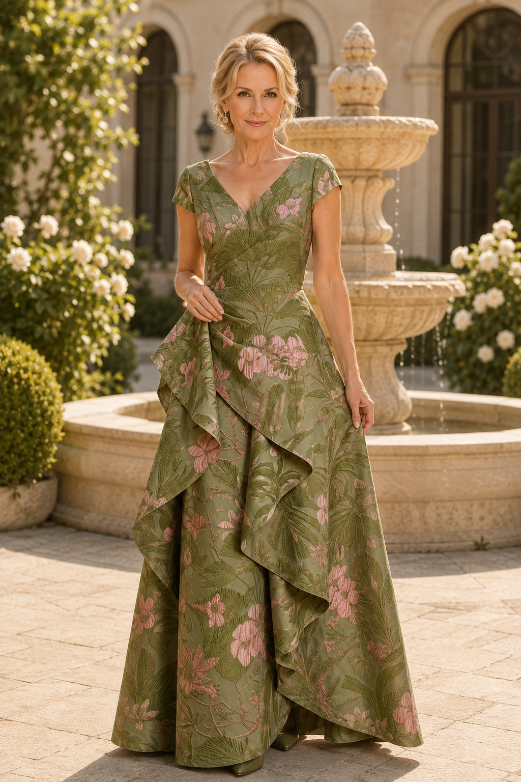 Geblümtes Jacquard A-Linien-Kleid mit Stufenrüschen
