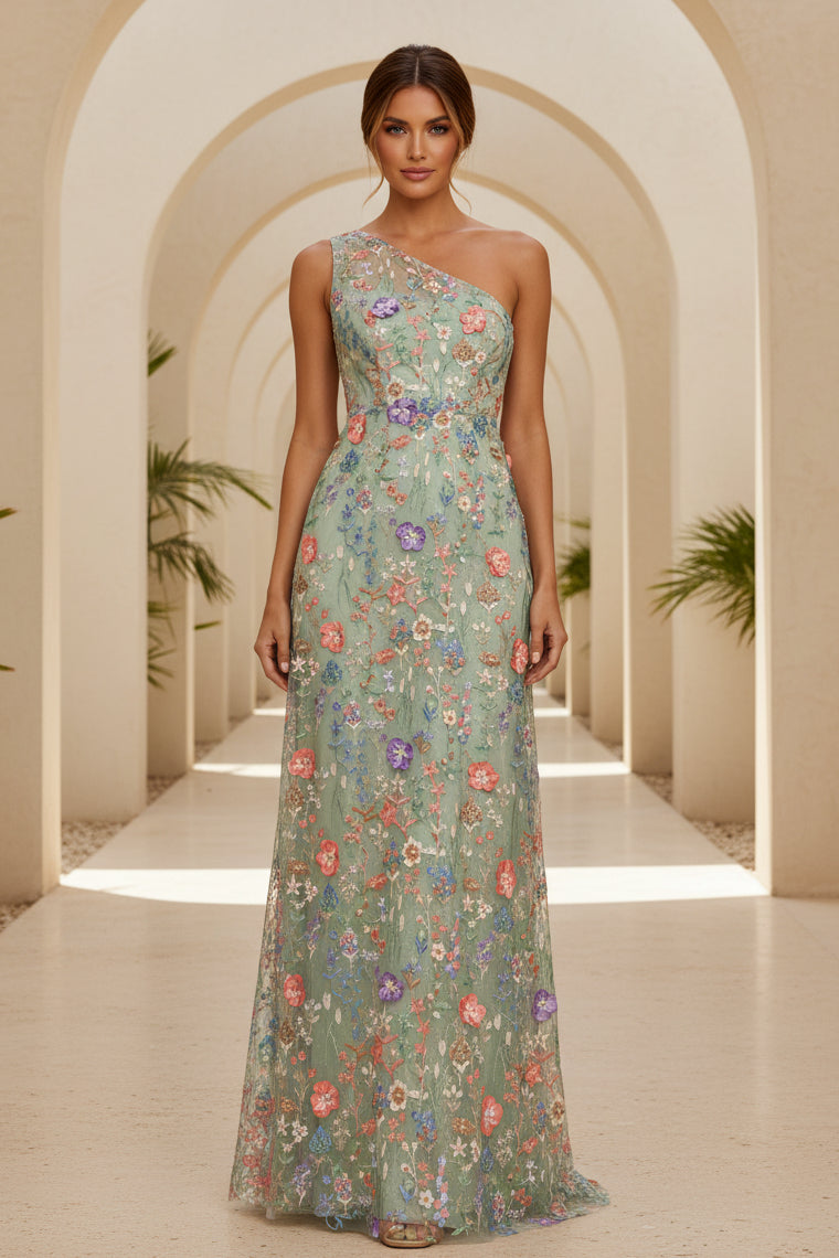 Besticktes florales One-Shoulder-Abendkleid