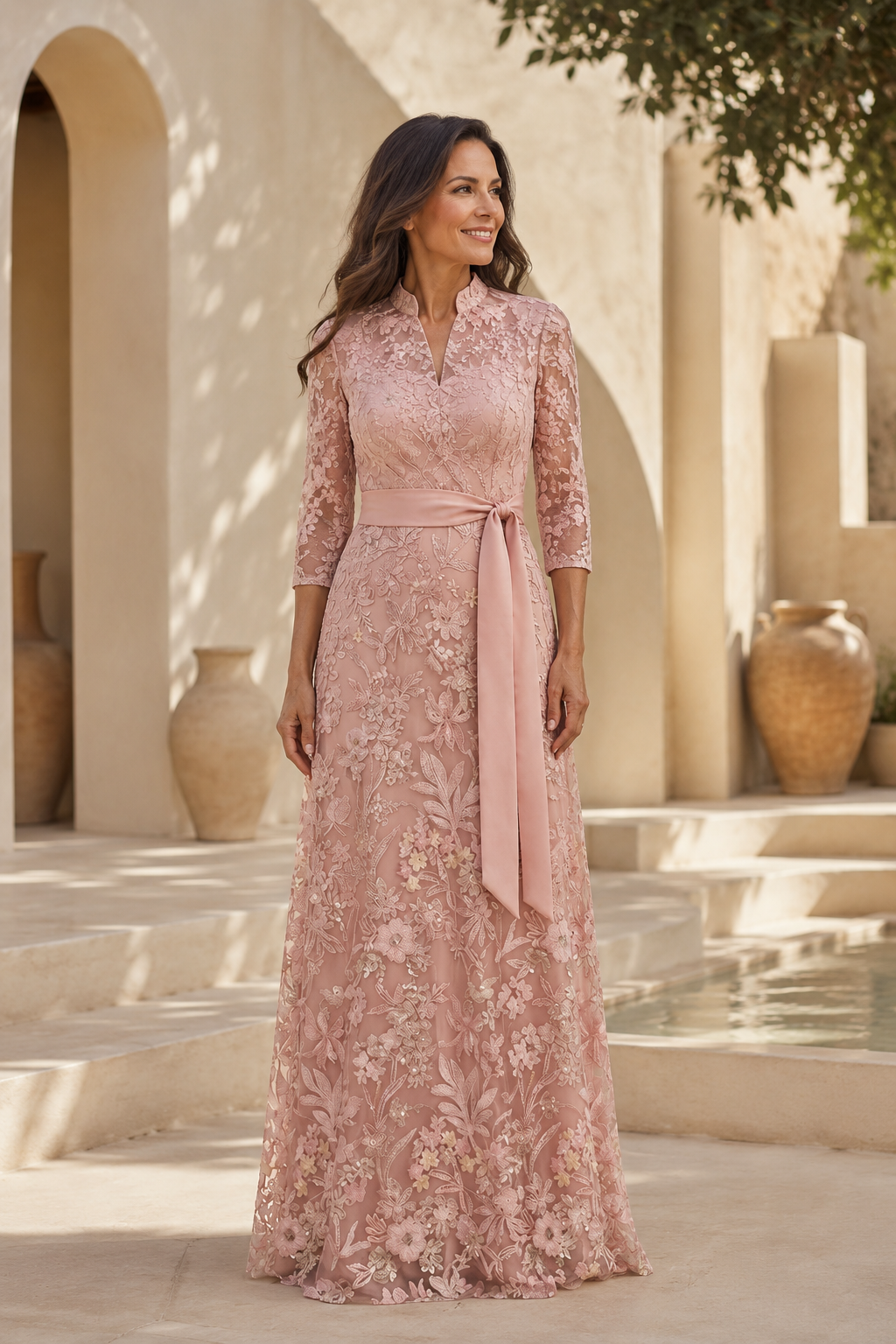 A-Linien-Abendkleid aus Spitze mit 3/4-Ärmeln und Schärpe