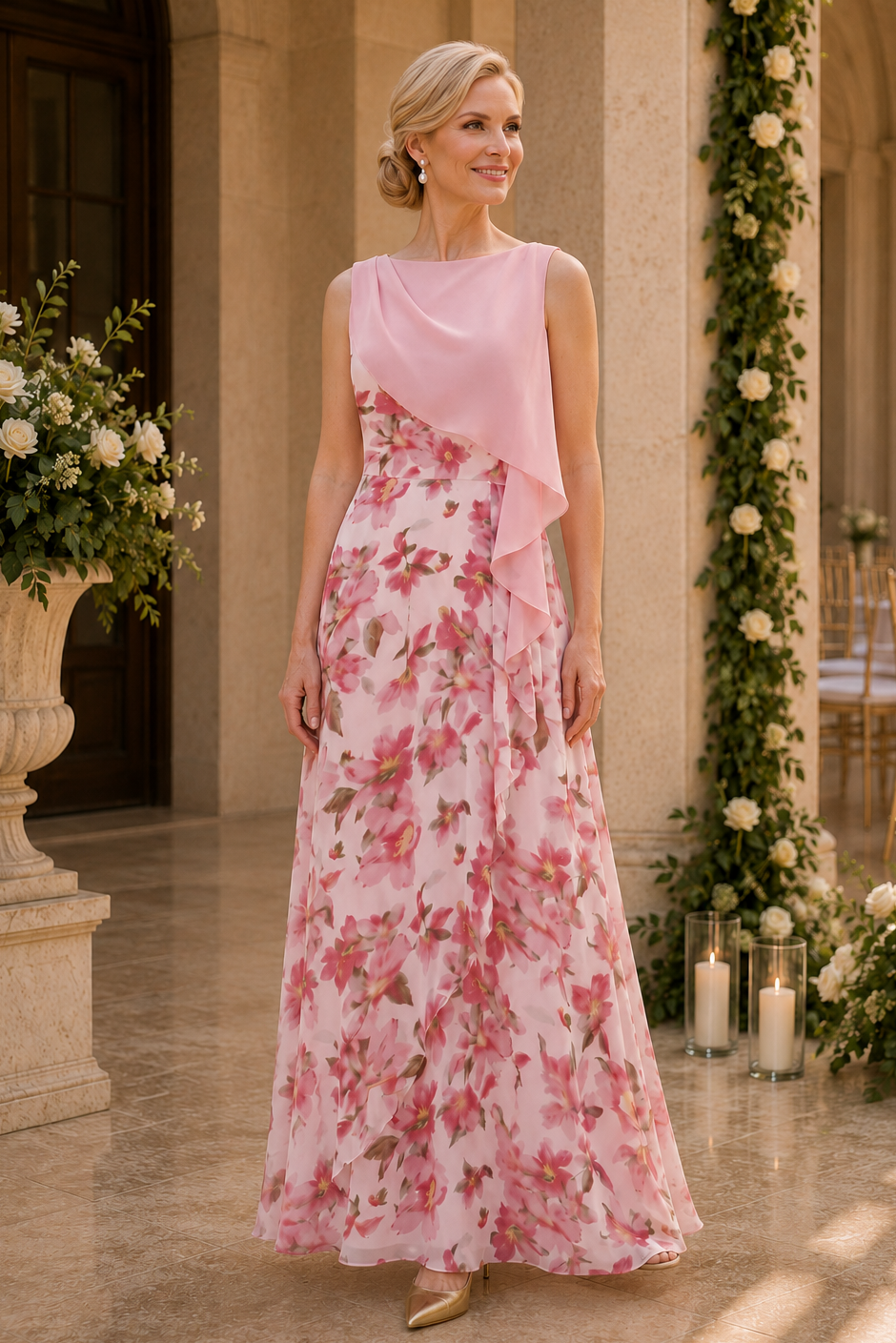 Geblümtes Chiffon A-Linien-Kleid mit drapiertem Oberteil