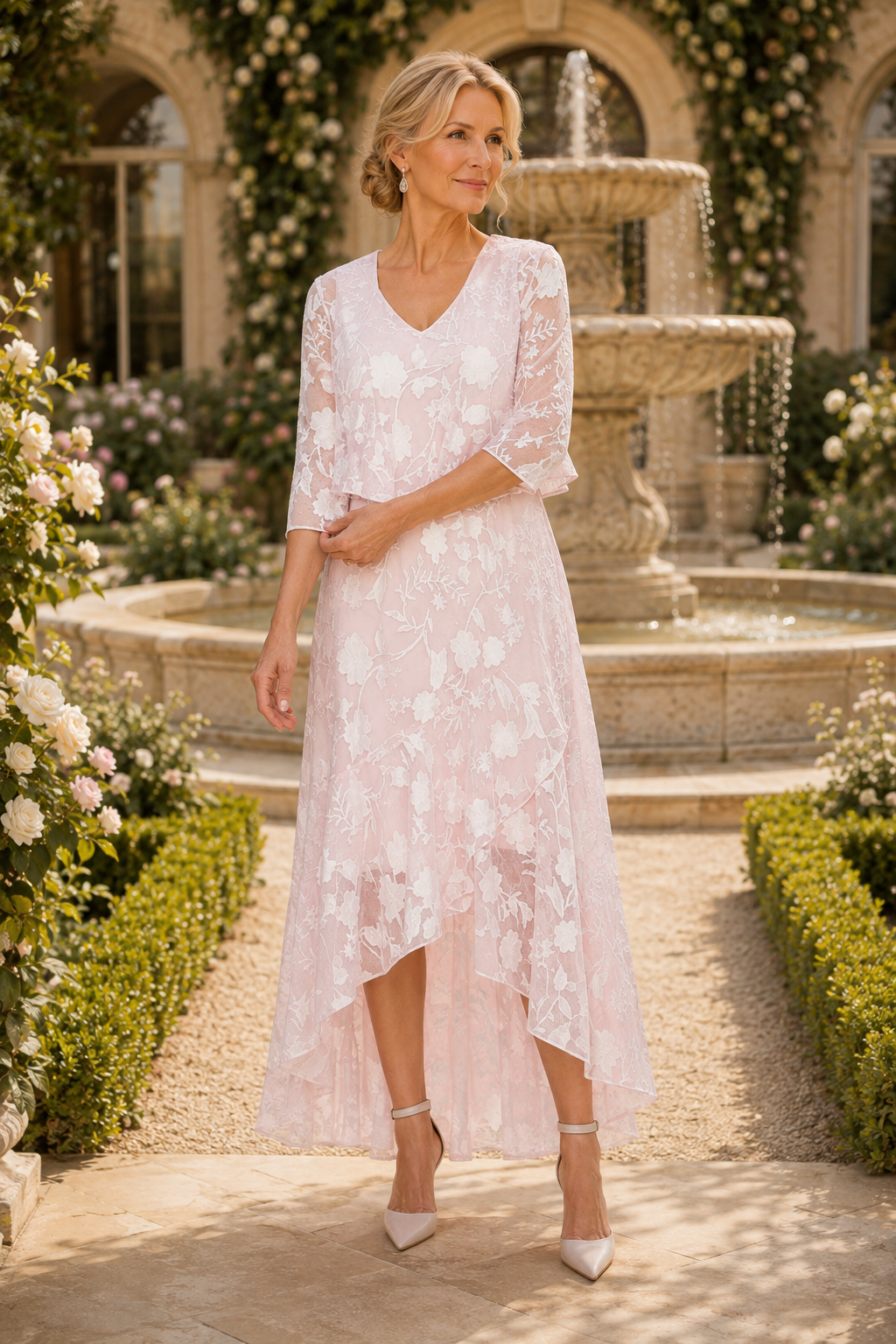 Blumen-Spitzen-High-Low-Kleid mit Bolerojäckchen