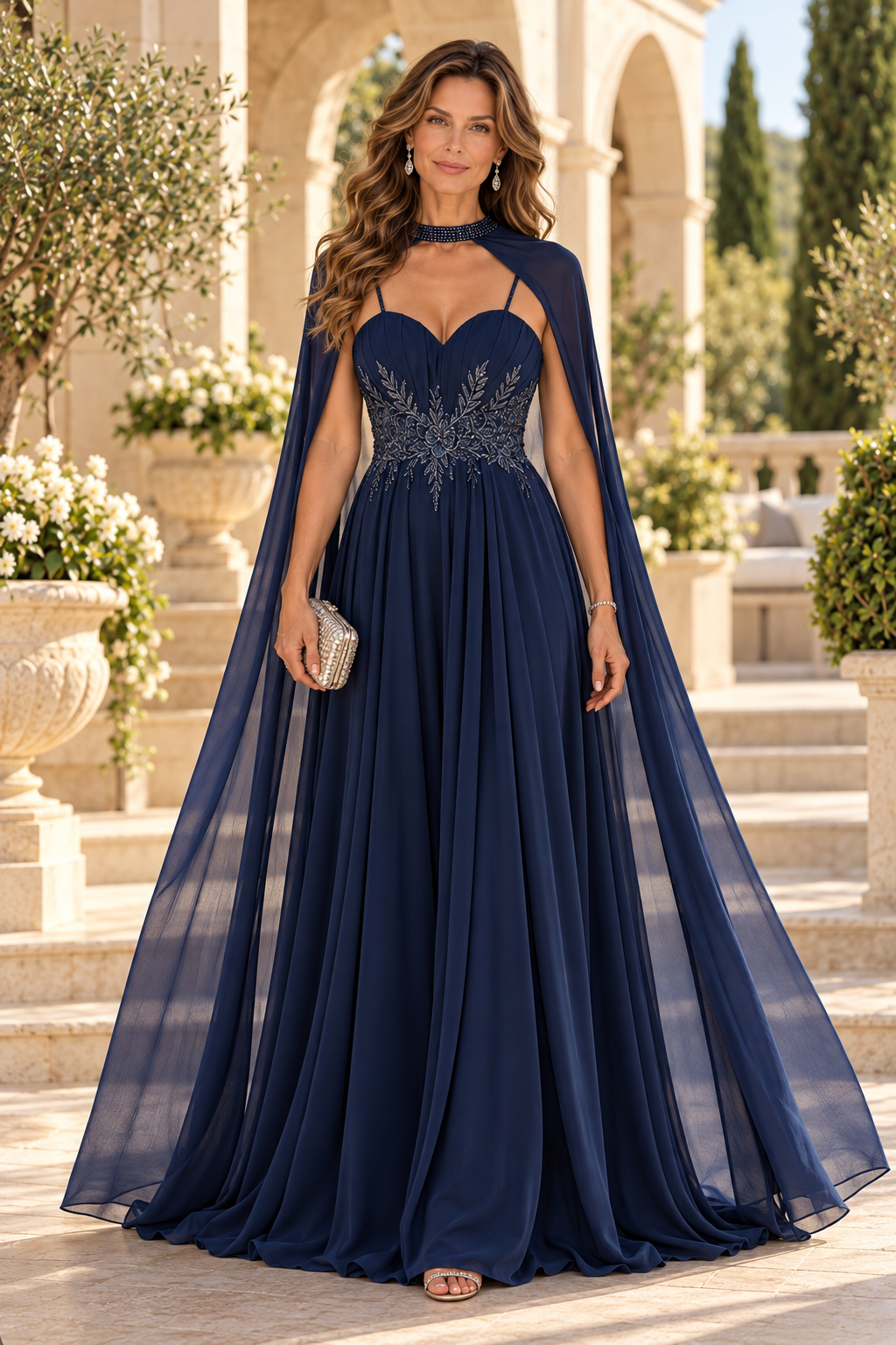 Beaded A-Line Chiffon Gown with Cape
