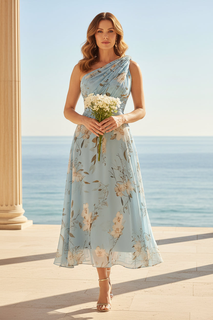 Ein-Schulter-Midi-Kleid aus floralem Chiffon