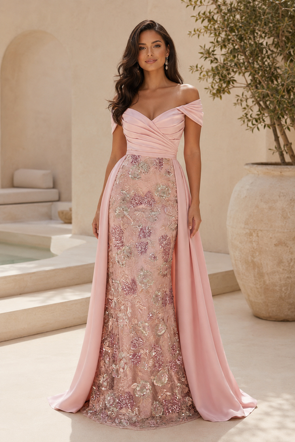 Schulterfreies Blumen-Pailletten-Meerjungfrauenkleid mit Überrock