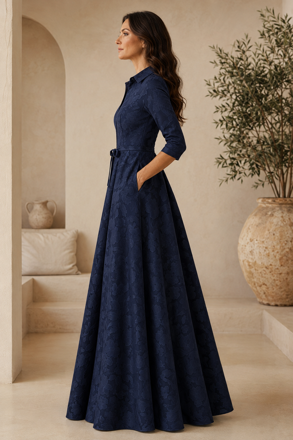 V-Ausschnitt A-Linien Kleid mit Kragen, 3/4 Ärmeln & Bindegürtel