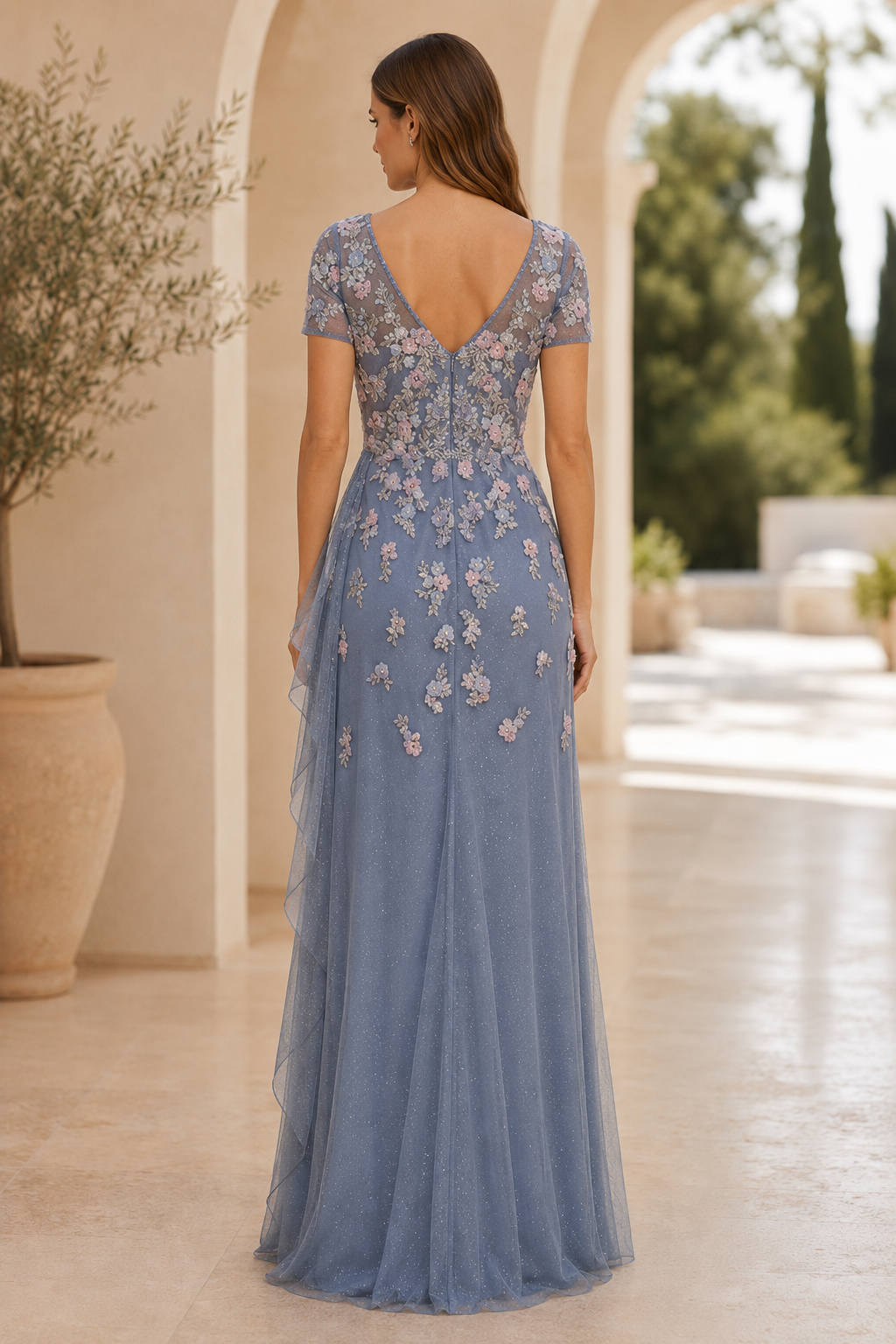 Besticktes geblümtes Glitzer-Abendkleid in A-Linie