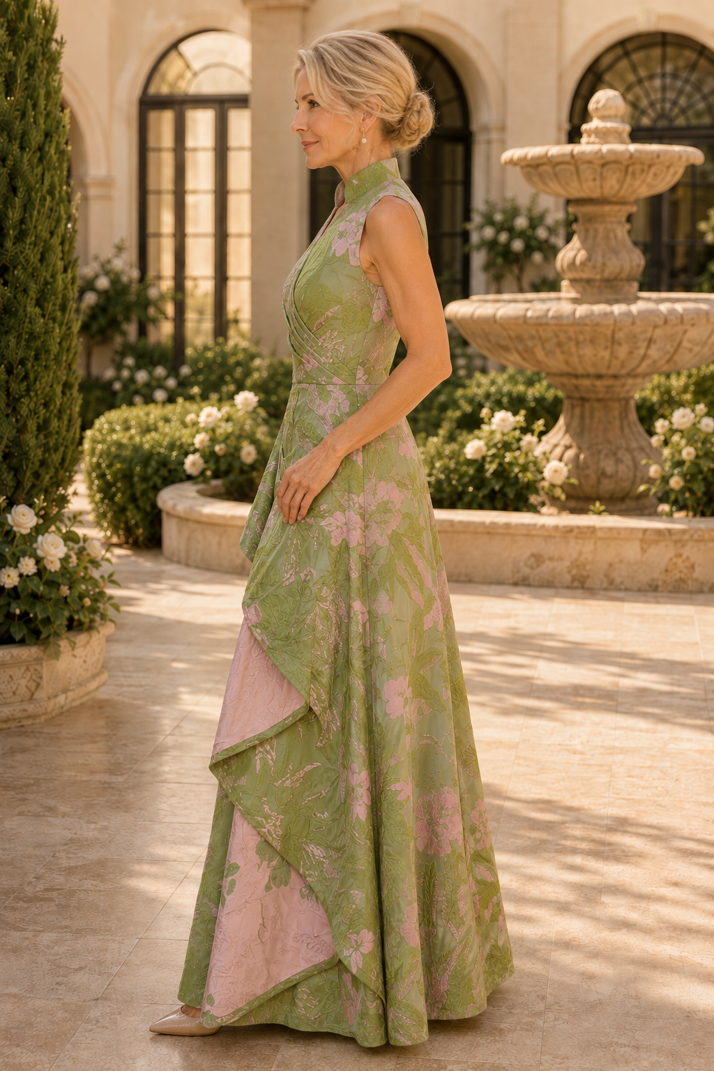 Geblümtes Jacquard A-Linien-Kleid mit drapiertem Schößchen