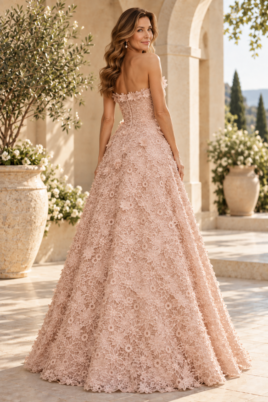 Strapless 3D Floral Lace A-Line Ball Gown
