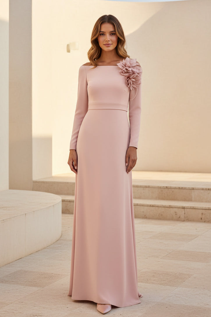 Elegantes langärmeliges Abendkleid mit 3D-Blumen