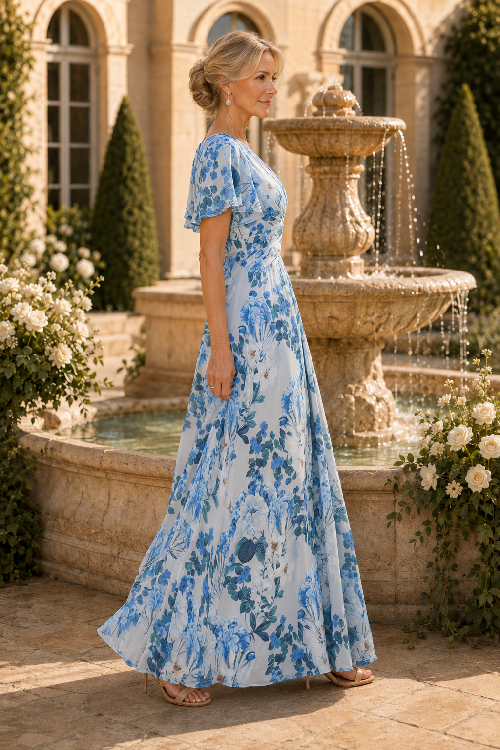Geblümtes Maxikleid mit Raffungen am Oberteil und Volantärmeln