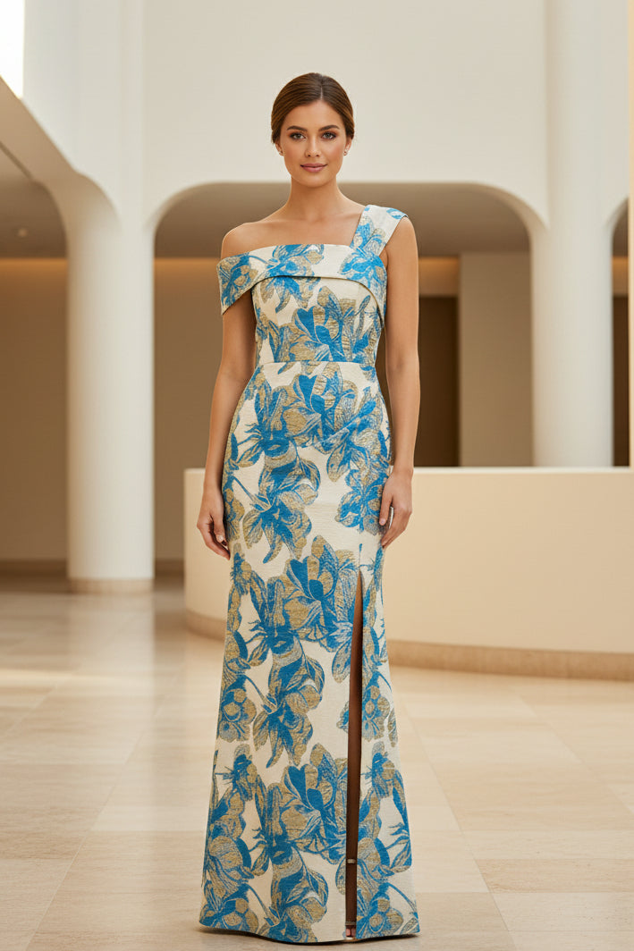 Blumiges Jacquard-Abendkleid mit One-Shoulder und Schlitz