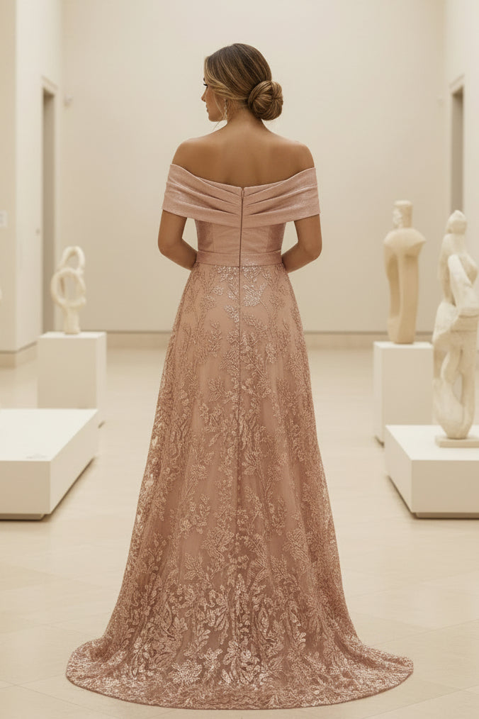 Schulterfreies A-Linien Abendkleid mit Spitze und Pailletten