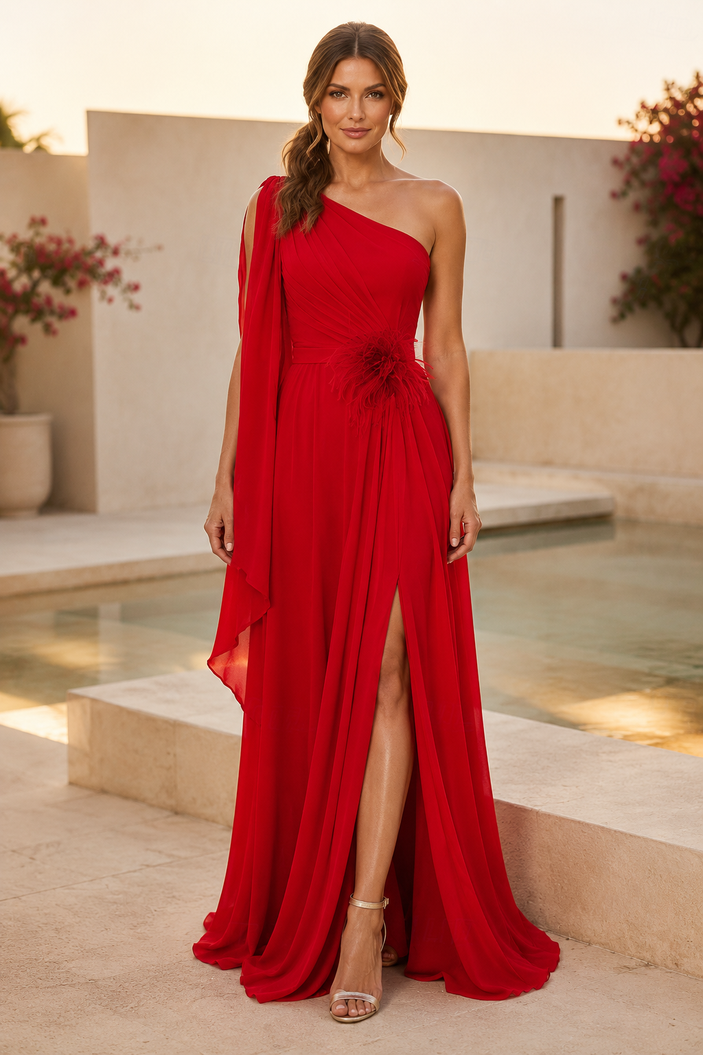 Ein-Schulter-Chiffonkleid mit drapiertem Kaskaden-Einsatz
