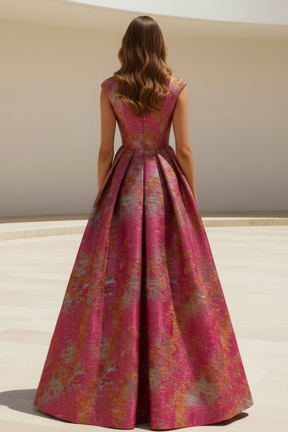 Hochgeschlossenes Ballkleid aus Metallic-Jacquard