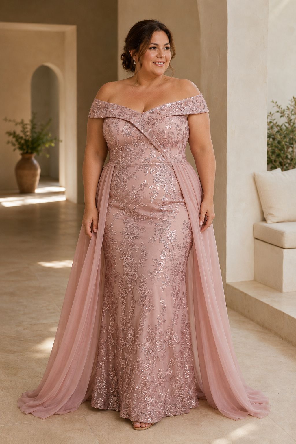 Off-Shoulder Meerjungfrauenkleid aus Spitze mit Überrock