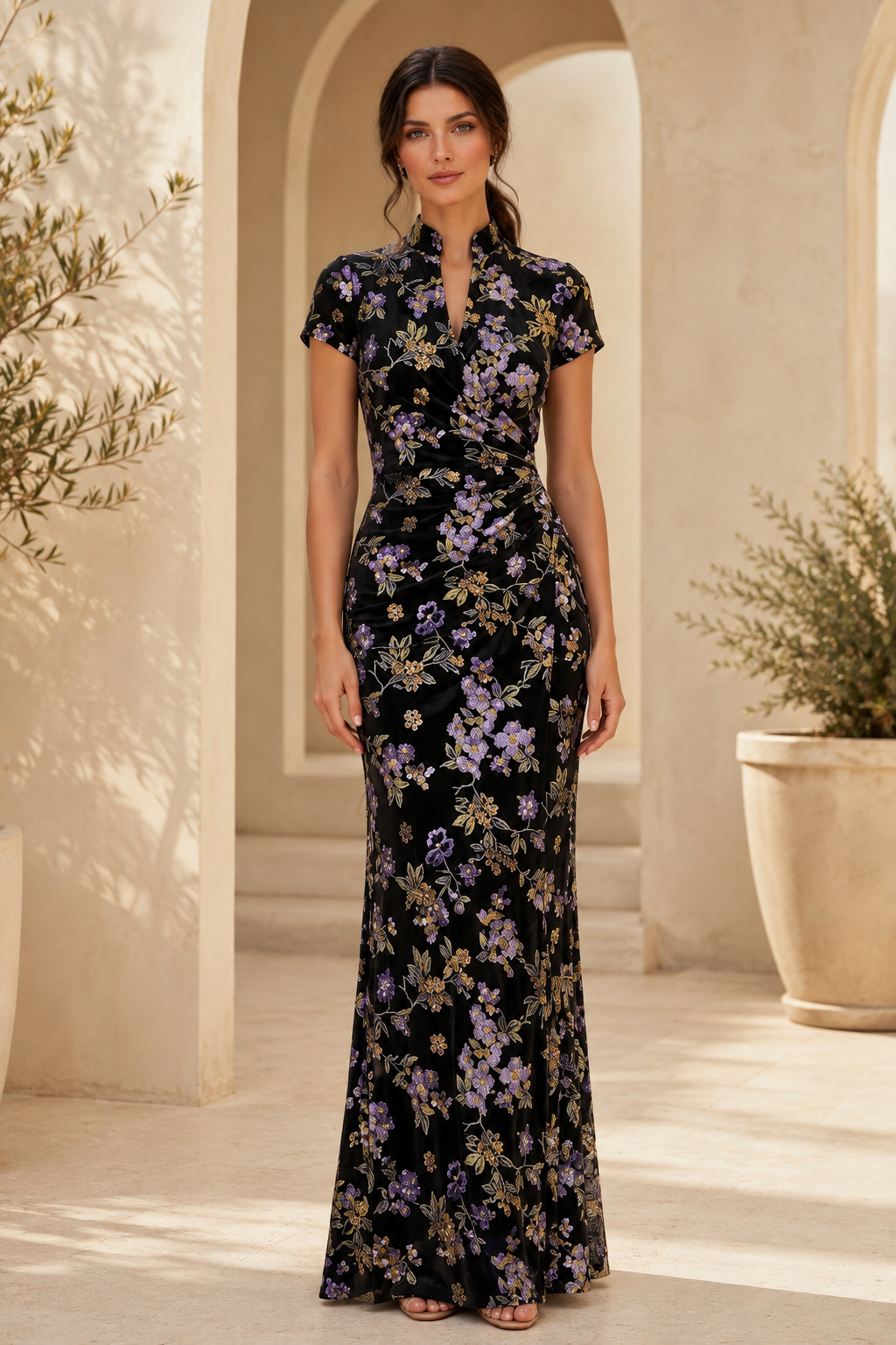 Geblümtes Maxikleid mit Mandarin-Kragen und kurzen Ärmeln