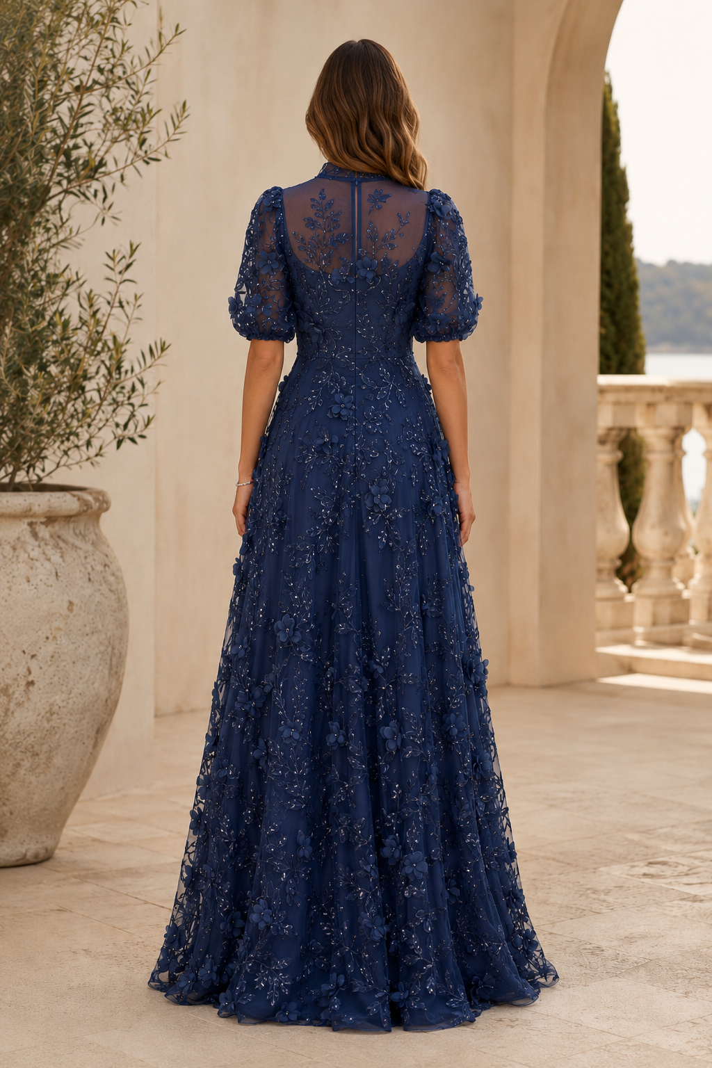 Florales 3D-Applikations-Illusion-A-Linien-Abendkleid