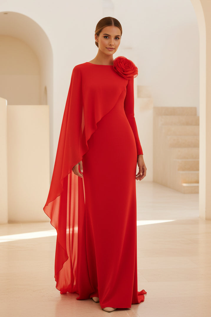 Asymmetrisches Etuikleid mit Cape und 3D-Blüte