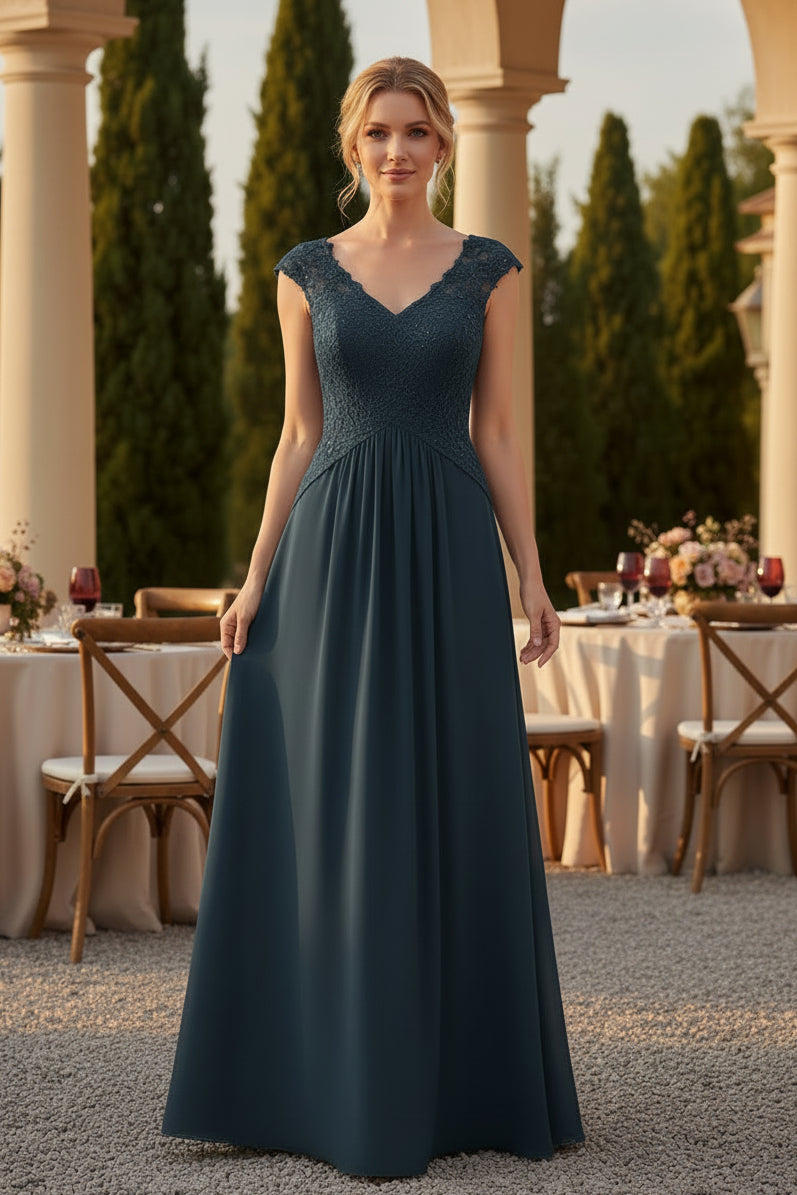 A-Linien V-Ausschnitt Chiffon Abendkleid mit Flügelärmeln