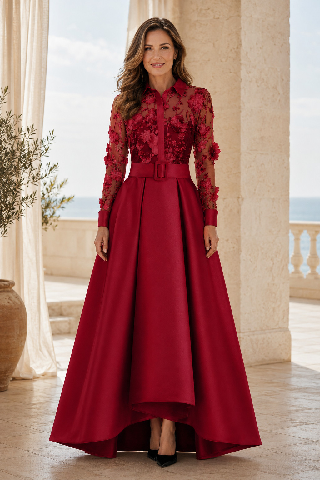 3D-Blumen-Spitzenhemdkleid mit High-Low-Rock